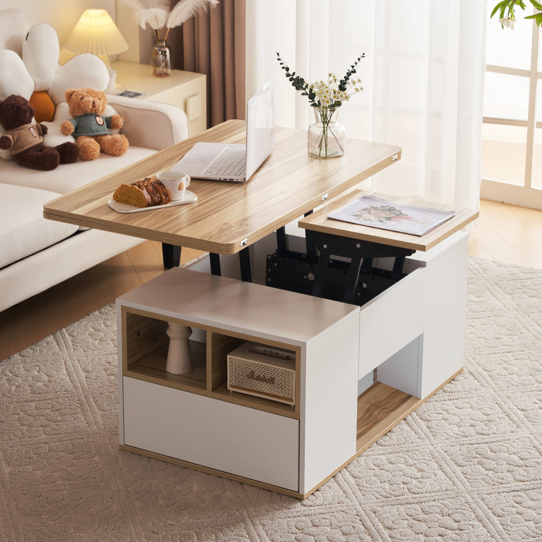 Modern white & oak lift-top coffee table hidden storage CLOUDWING
