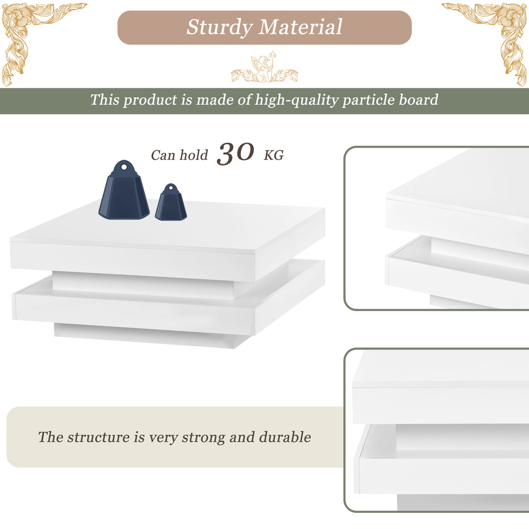 White square high gloss coffee table 360° rotating with 16-color LED light 70x70x36cm UHEX UK