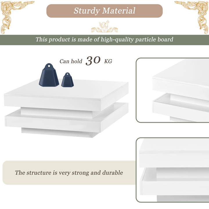 White square high gloss coffee table 360° rotating with 16-color LED light 70x70x36cm UHEX UK