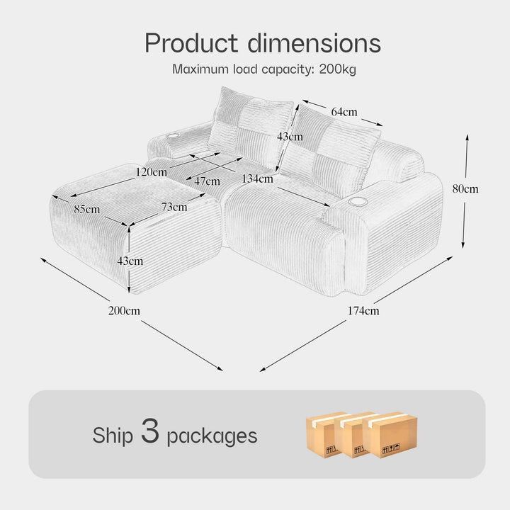 Modular 2-Seater Corduroy Sofa Set Dark Grey, Flexible Layout, Cup Holders, Side Storage, Space-Saving for Living Room