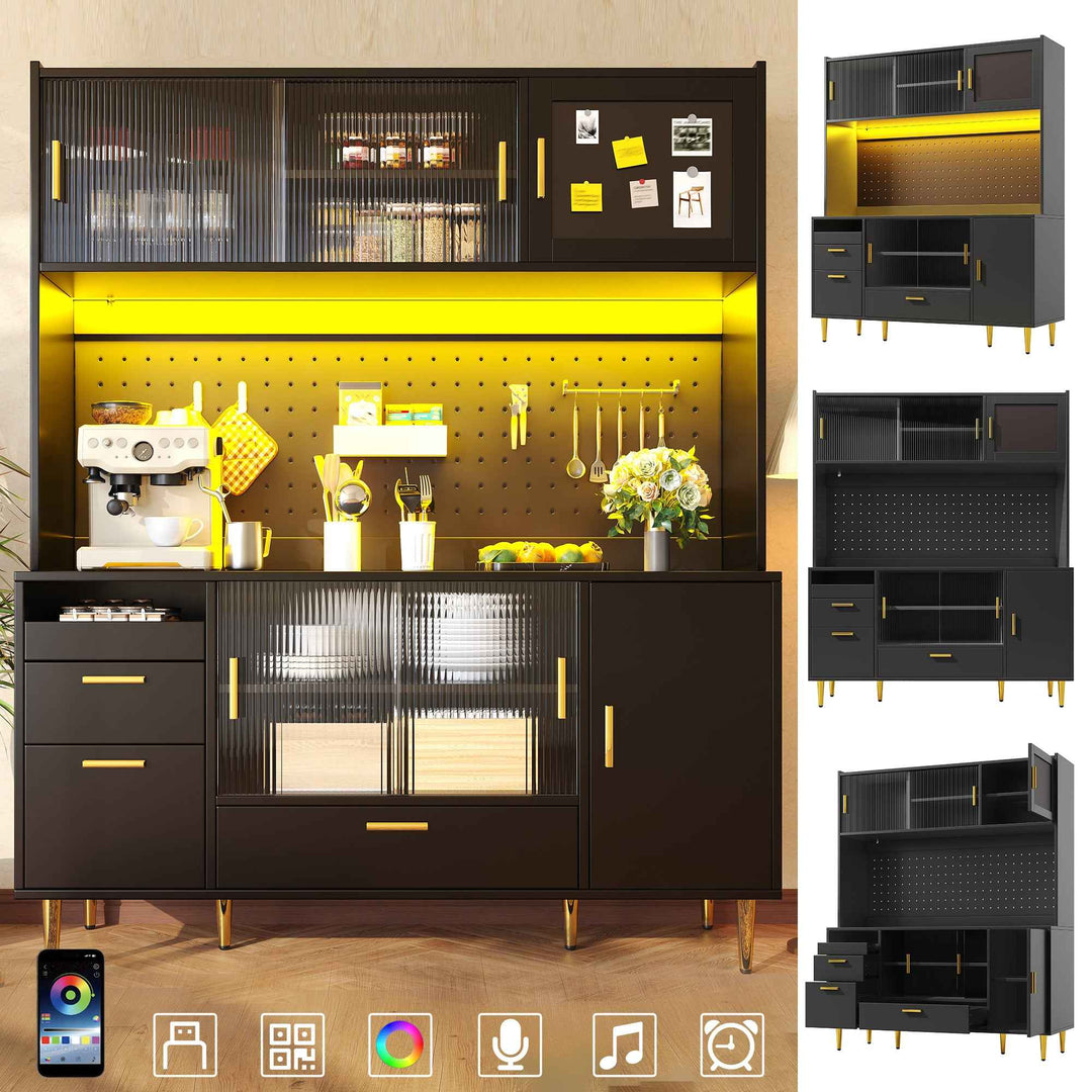 00+Tall Kitchen Cabinet with LED Lighting and Glass Sliding Doors, Adjustable Shelves, for Kitchen COMPACTVASE