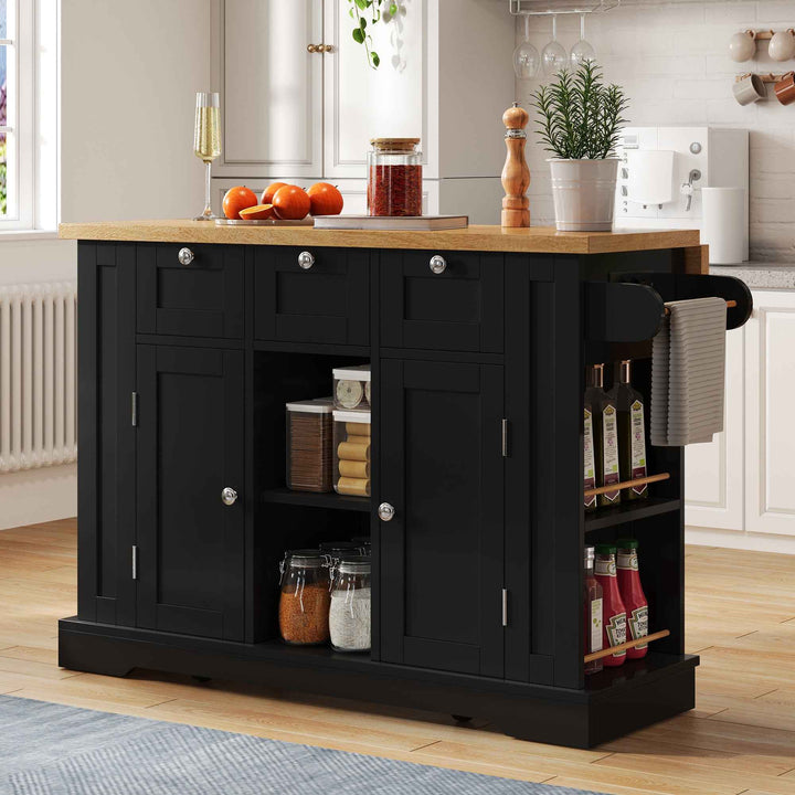 00+Kitchen Island on Wheels 132cm, Foldable Drop Leaf, MDF, Natural+Black, 3 Drawers, Spice Rack, Towel Holder, Charging Station VERTEXKORR
