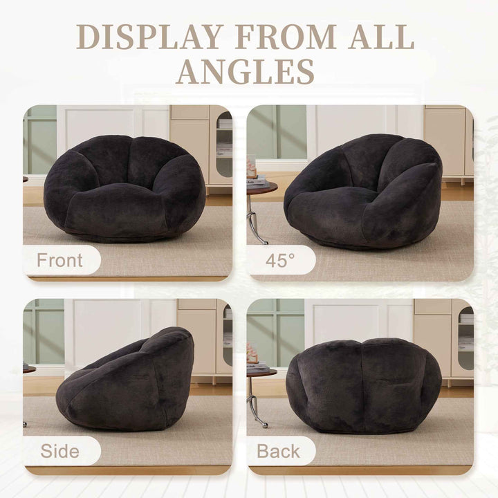 Lazy chair shell shaped sofa black faux fur, memory foam bean bag chair removable cover