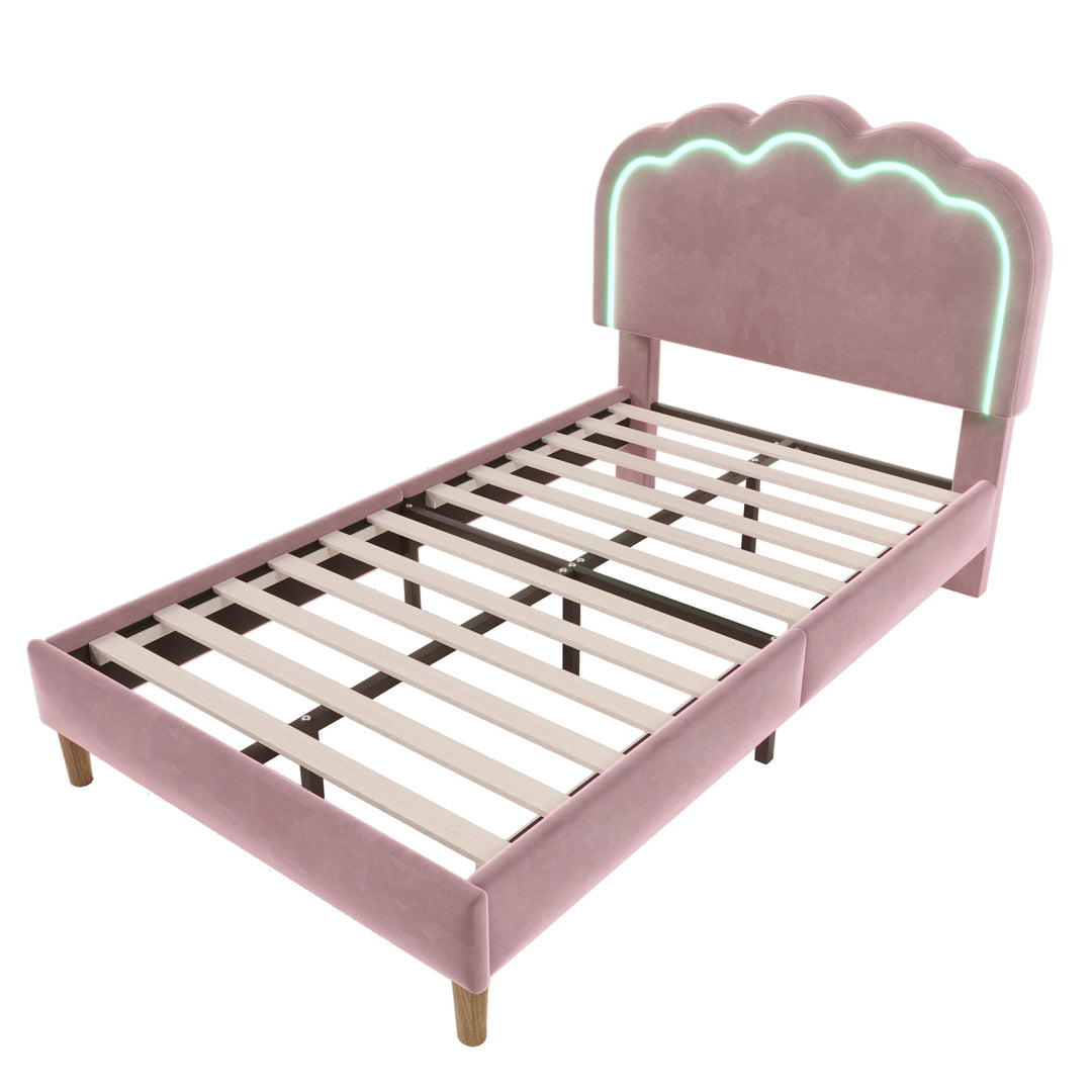 Pink velvet upholstered divan bed frame with LED, headboard height adjustable INDROX PINK UK