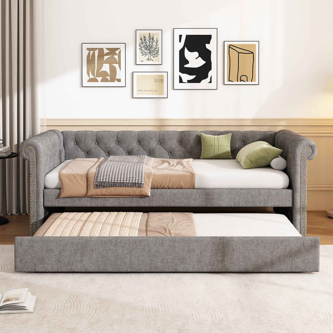 00+Single Upholstered Bed 90x190cm Velvet Grey Daybed Sofa Bed,  Space Saving for Adults & Teenagers CONCRETECONTAINER