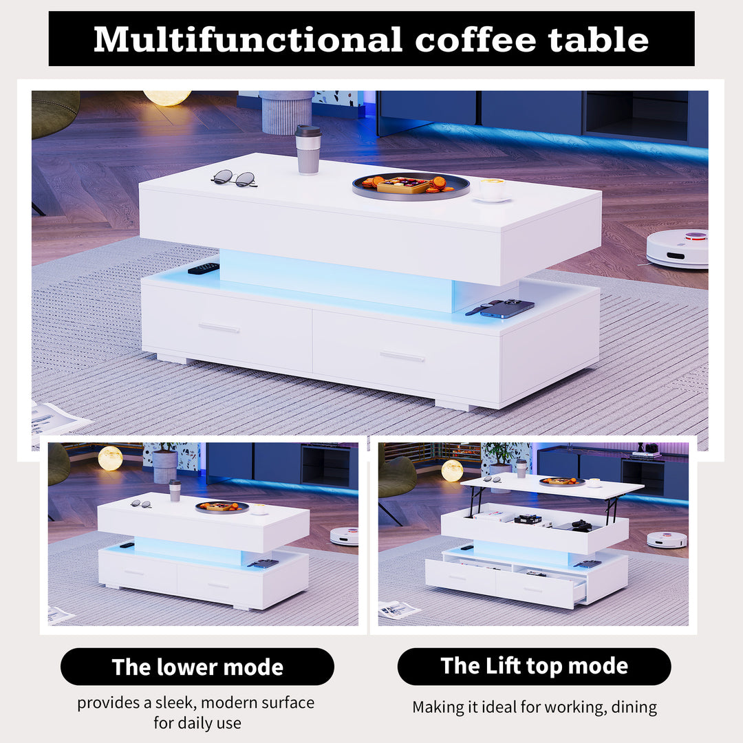White lift-top coffee table with LED lighting and 2 drawers 100×50×44cm CYBERSPACE