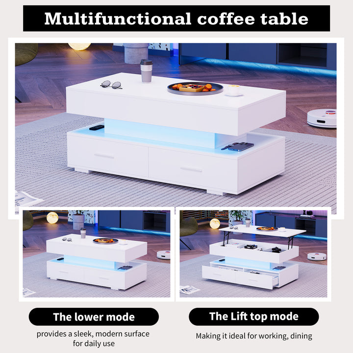 White lift-top coffee table with LED lighting and 2 drawers 100×50×44cm CYBERSPACE
