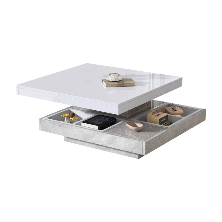 Rotating 360° white high-gloss coffee table marble-patterned, double-layer storage FLARENEXUSA