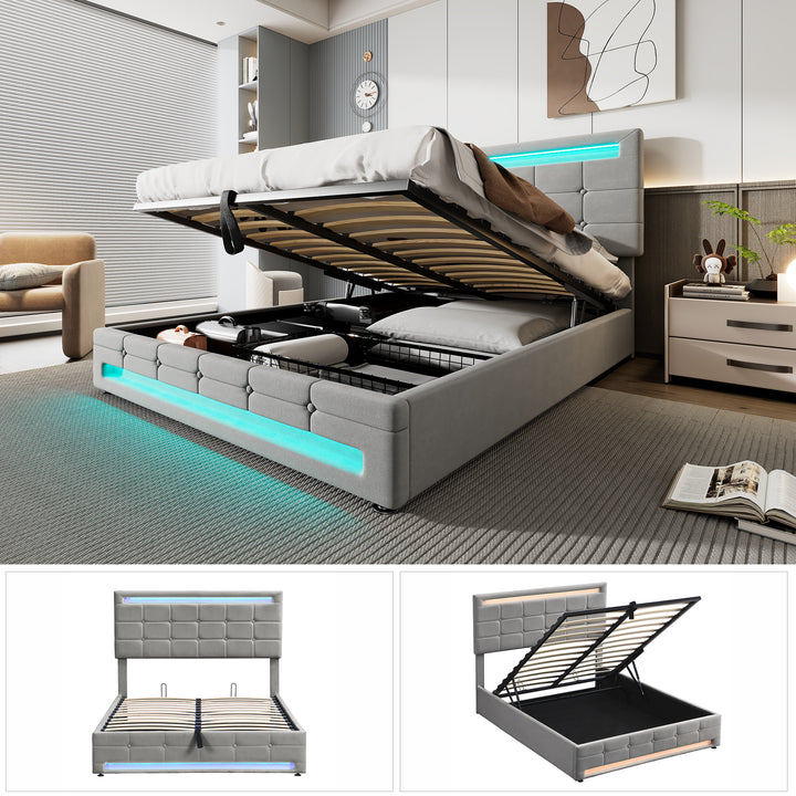 Grey velvet upholstered ottoman double bed with LED lighting (135x190cm) ANHYDROBIO