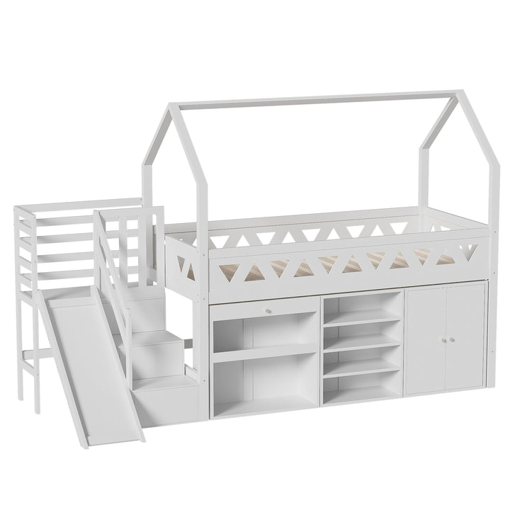 White wooden loft children single bed with slide, stairs, and storage (90x190cm) BLOOMPEAK