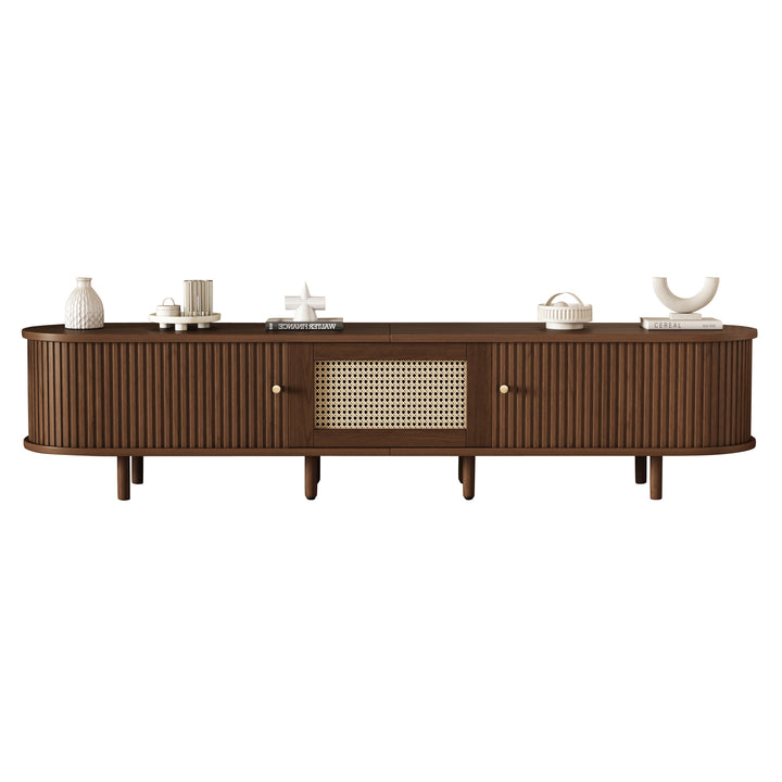 Retro walnut TV stand oval rounded corners 2 slide doors 180×40×40cm SOREN
