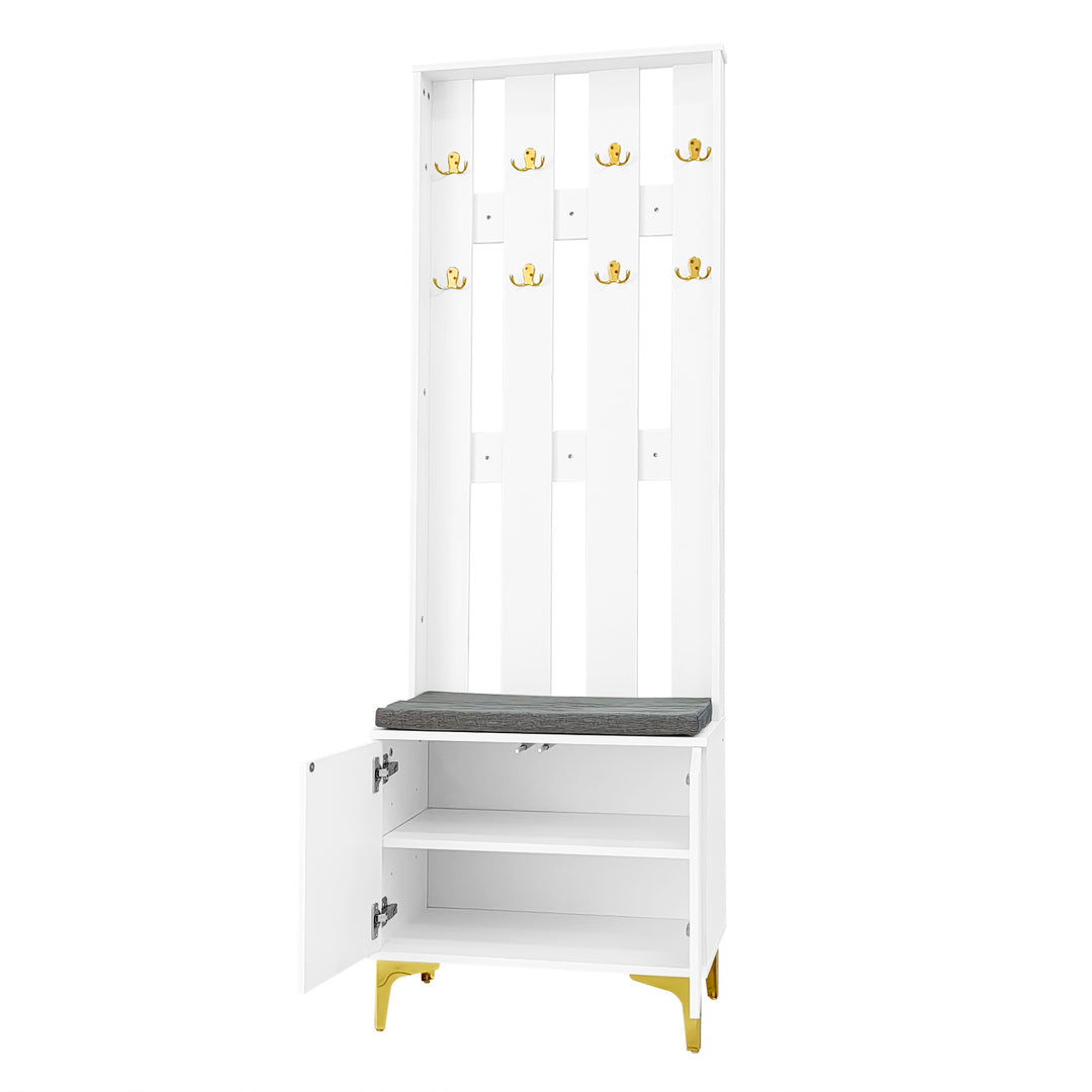 Modern white entryway with padded bench, coat rack with 8 golden hooks and storage SUNDO