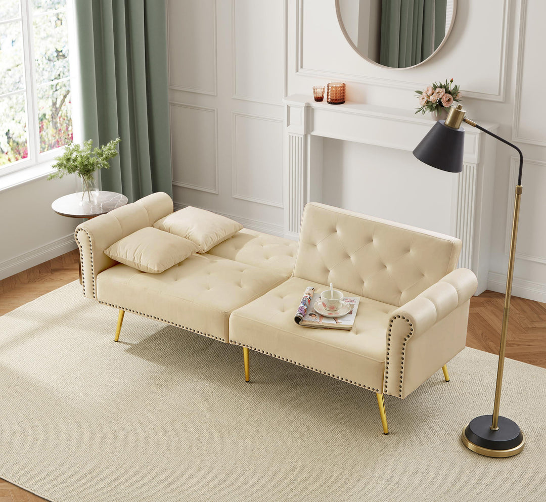 Modern upholstery velvet beige 2-seater sofa bed, adjustable backrest & gold-plated metal feet EUKARYOT