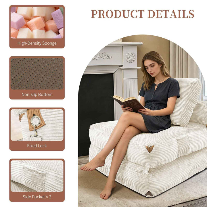 3 in 1 Convertible Corduroy Floor Sofa Bed White, Oversized Fold Out Chaise Lounge with High Density Sponge, Side Pockets, Non-Slip Base, No Assembly, Space Saving for Bedroom Dorm Gaming Napping