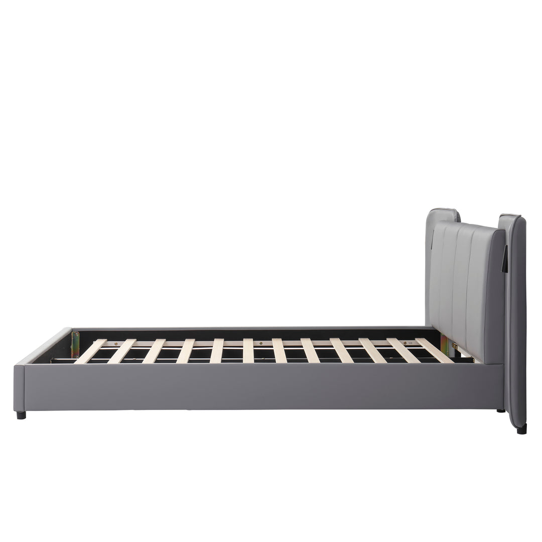 Grey PU upholstered double bed with charging port, 2 bedside lamps 135×190cm PASTUREBEARD