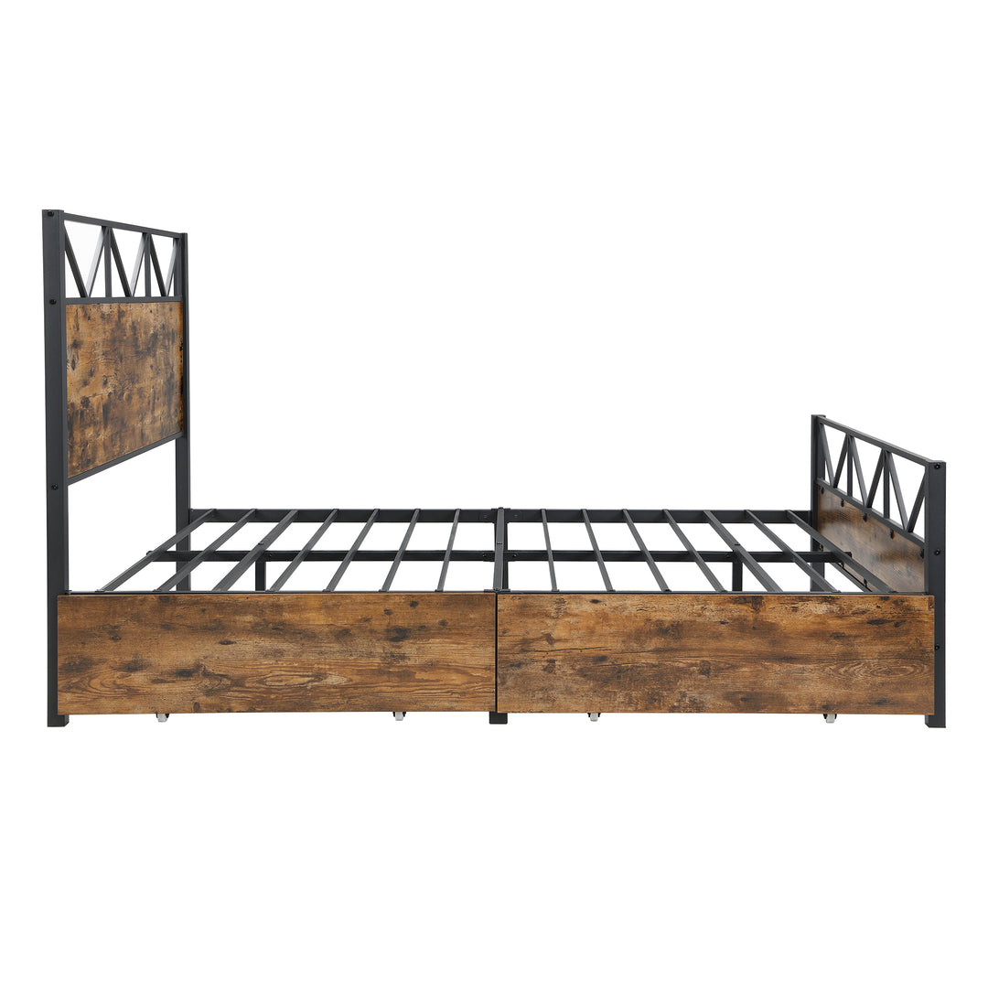 Industrial style double bed frame black wood with 2 storage drawers 135x190cm ELEMENTALIS