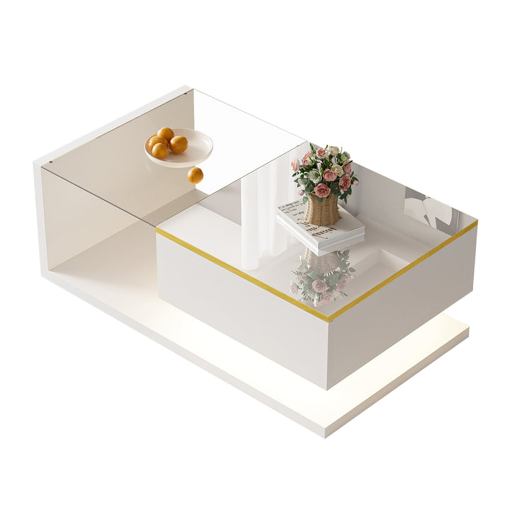 Modern high gloss white coffee table with LED lights golden accent SHEATH