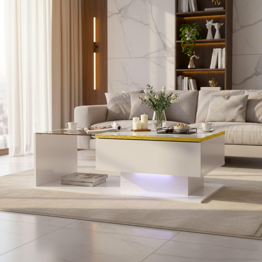 Modern high gloss white coffee table with LED lights golden accent SHEATH