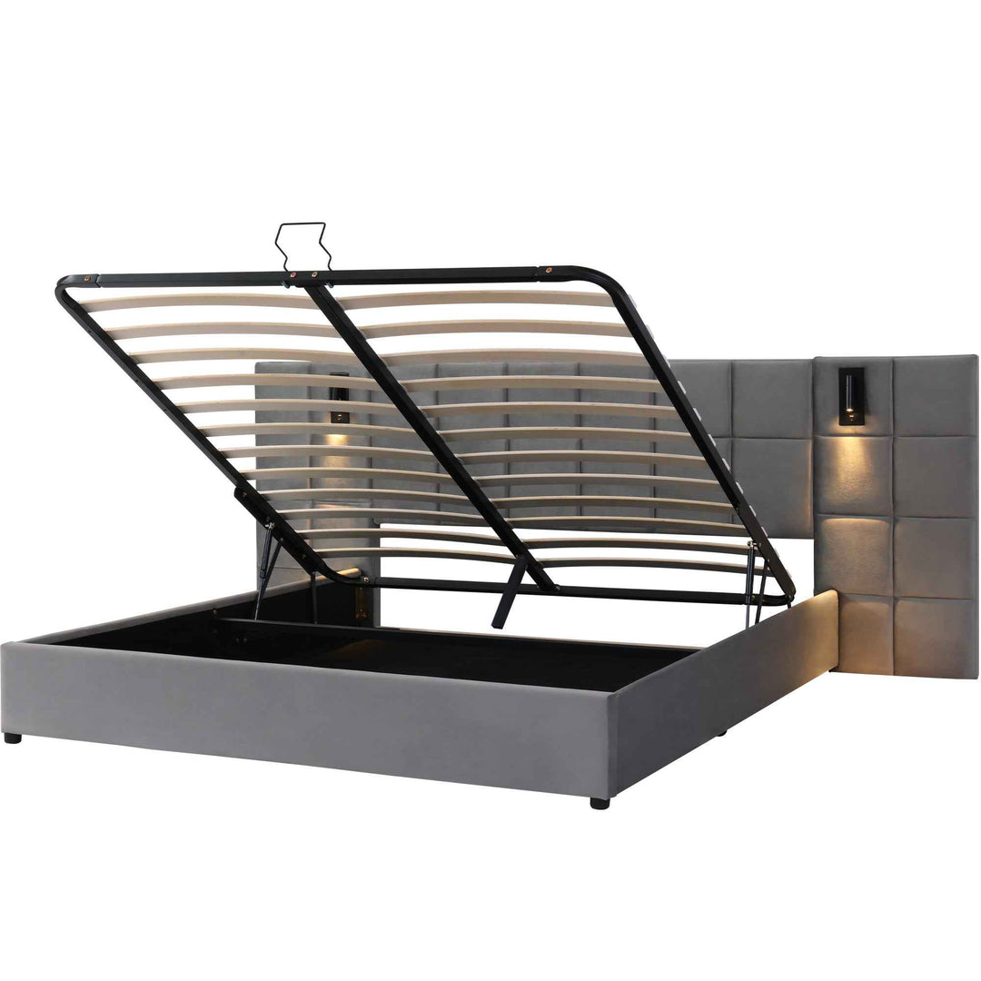 Super king size upholstered ottoman bed 6ft velvet grey with USB charging & lamp, wide headboard no mattress or bedside tables