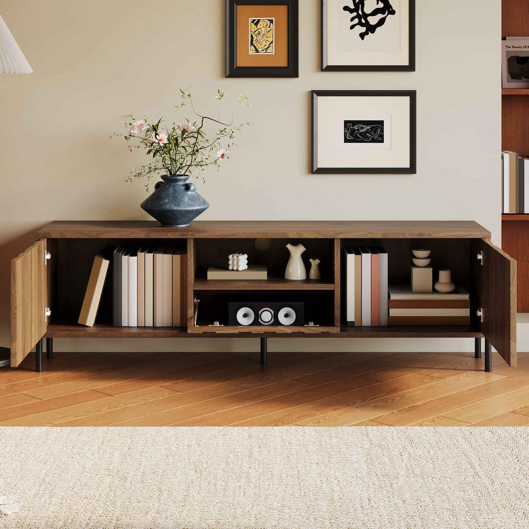 00+缺图 TV Cabinet 160 cm Natural with 3 Wave-Design Doors, Cable Management for Living Room URBANMIRROR