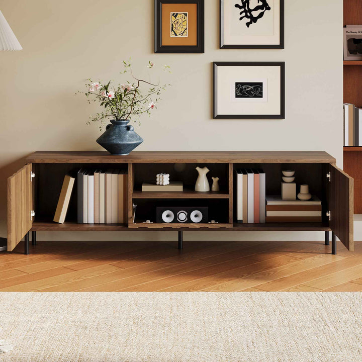 00+缺图 TV Cabinet 160 cm Natural with 3 Wave-Design Doors, Cable Management for Living Room URBANMIRROR