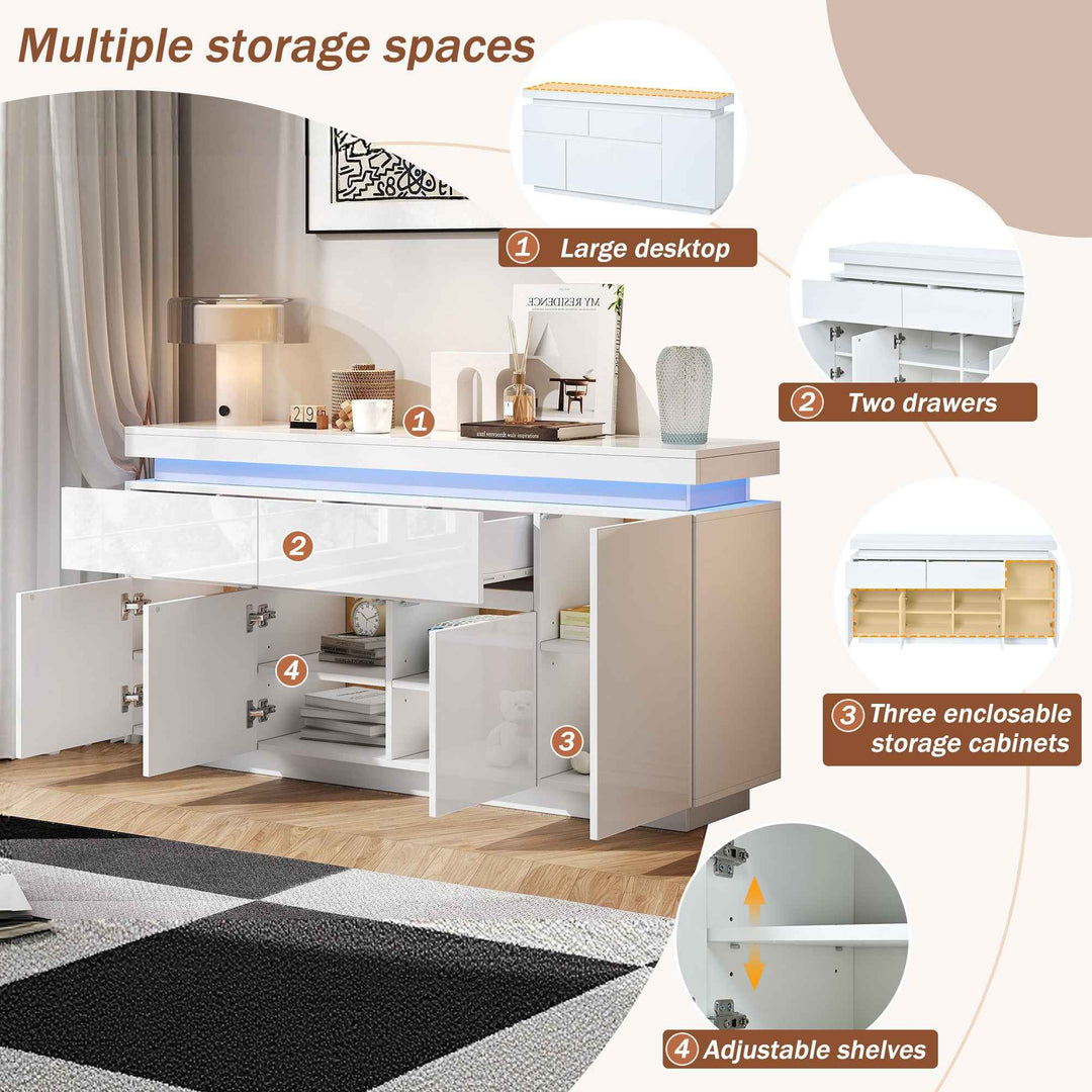 White High Gloss Sideboard 140x35x72.5cm with RGB LED, 4 Doors 2 Drawers, App Control, Modern Storage Cabinet for Living Room, Bedroom, Dining Room