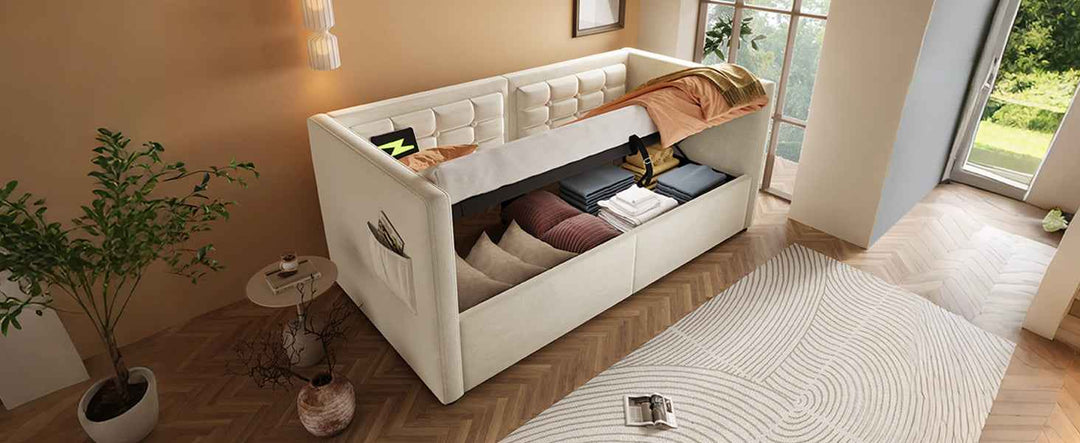 Daybed Upholstered Bed 90x190cm Velvet Beige, Single Sofa Bed with USB & Type-C Charging, Hydraulic Storage, 3FT, for Bedroom & Living Room (No Mattress)
