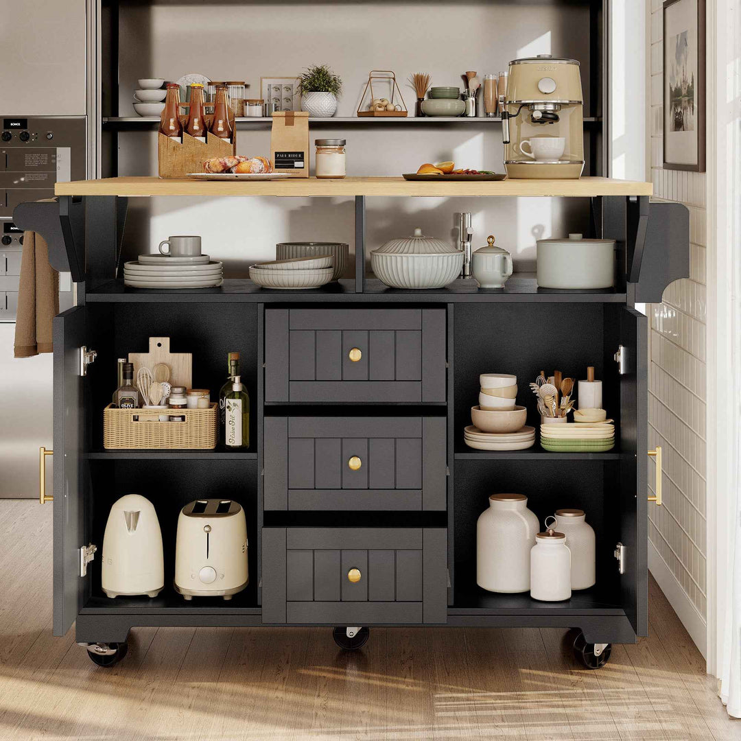 Extendable kitchen island trolley dining bar table wooden and black storage INFINITEMOME