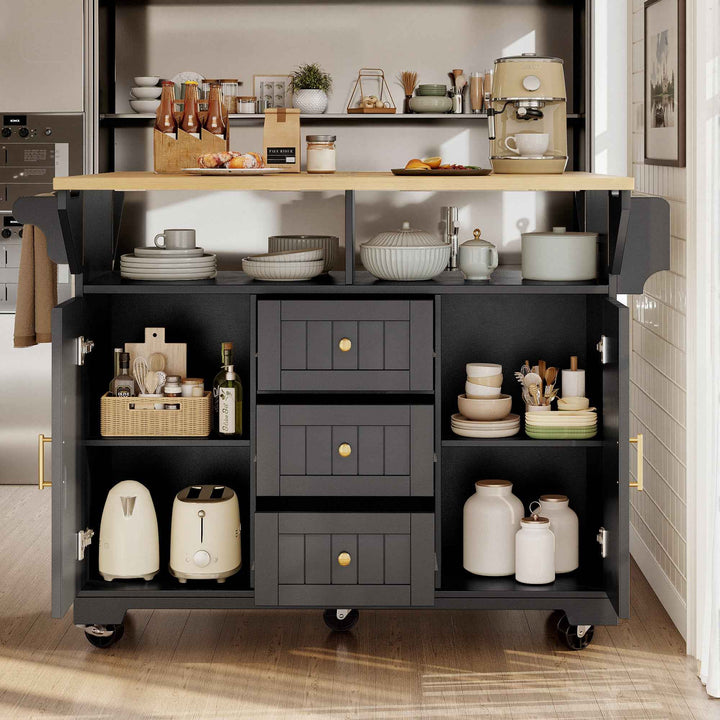Extendable kitchen island trolley dining bar table wooden and black storage INFINITEMOME