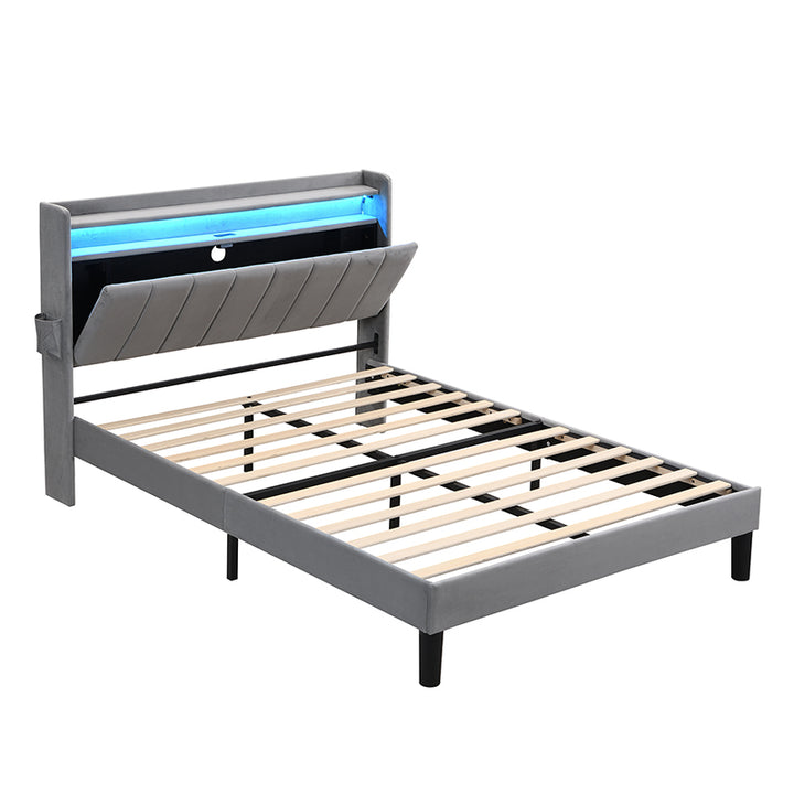 Upholstered velvet grey double bed with storage headboard, LED lighting and charging ports 135x190cm FIRNSNOW UK