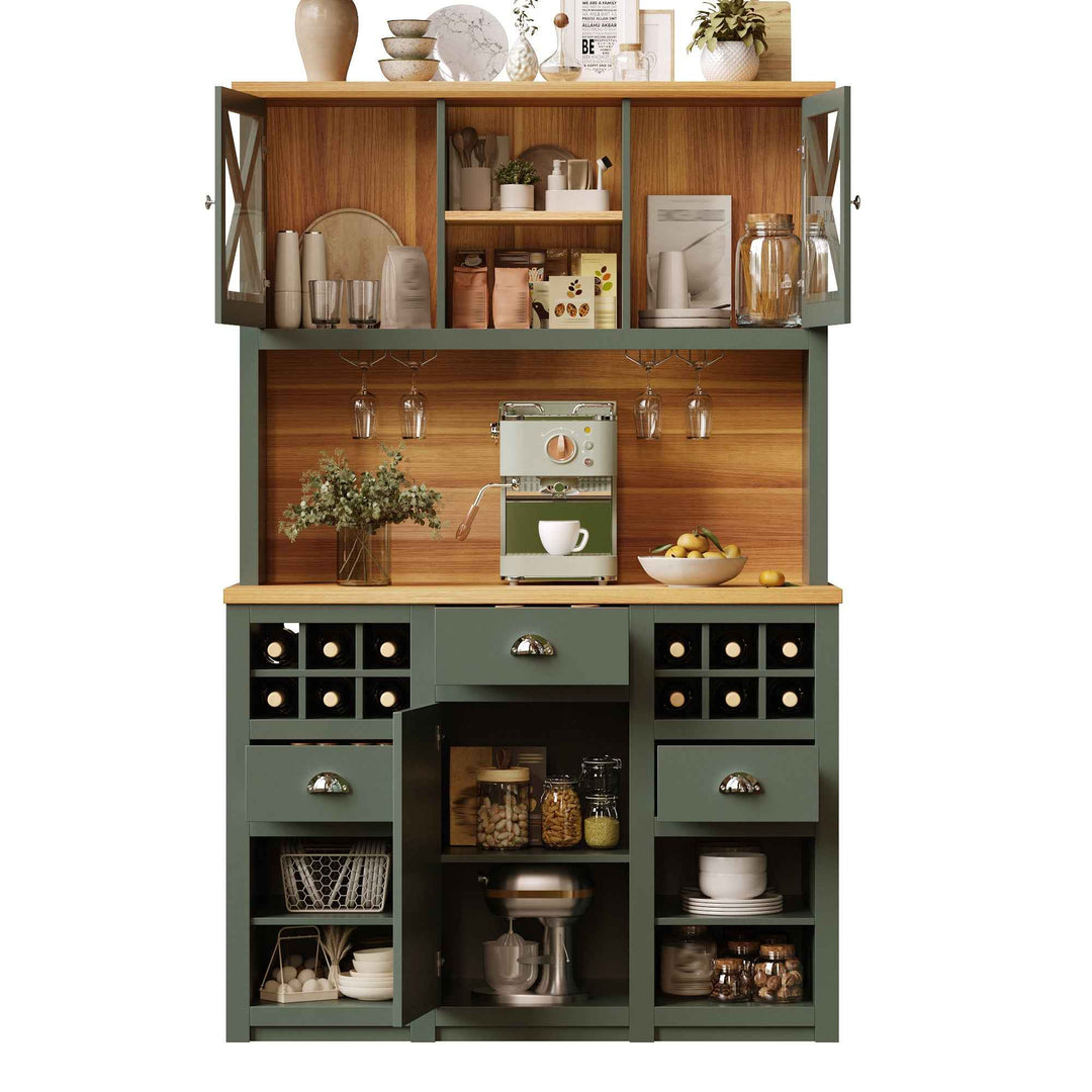 Kitchen hutche green cabinet glass doors LED lighting, wine rack, adjustable shelves