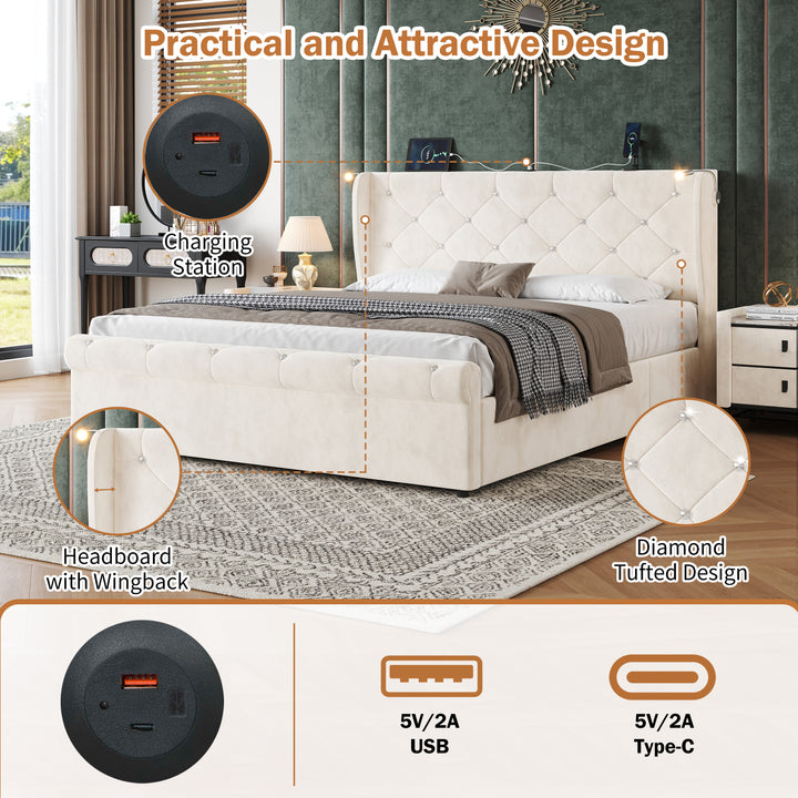 Beige velvet tufted upholstered ottoman double bed end opening (135x190cm) RADIOLARI