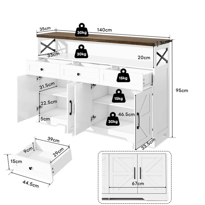 00+Sideboard 140cm Rustic White Storage Cabinet with 3 Drawers for Kitchen, Living Room VERTEXVAEL