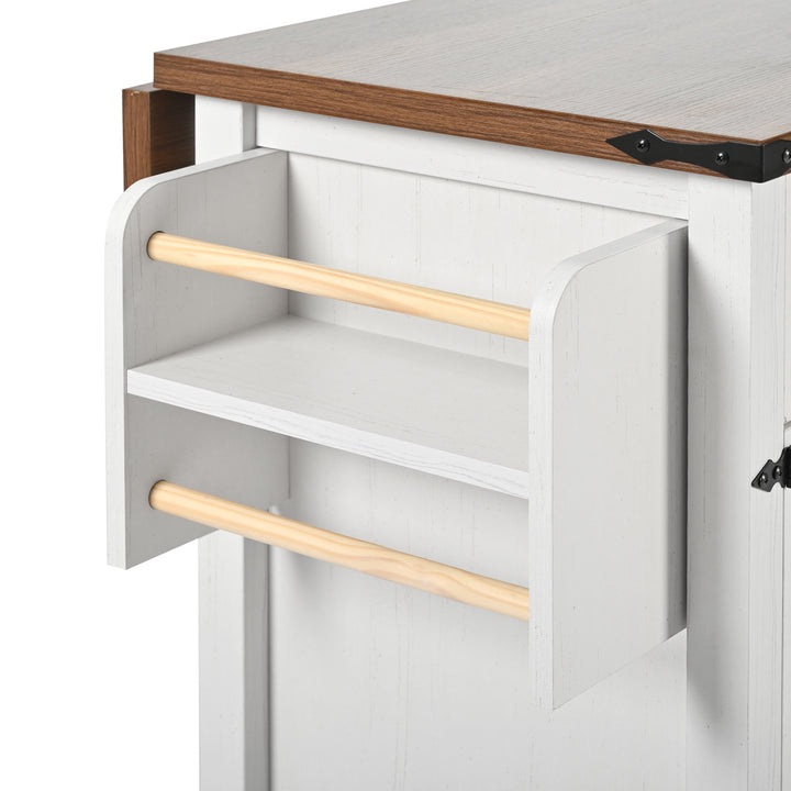 White farmhouse style rolling kitchen island with fold-out top and racks SALTMARSH