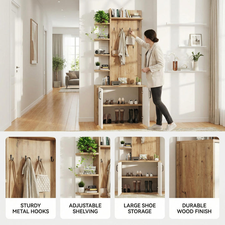 Wooden entryway wardrobes with coat hooks and shoe storage shelves ELYSIUMIS