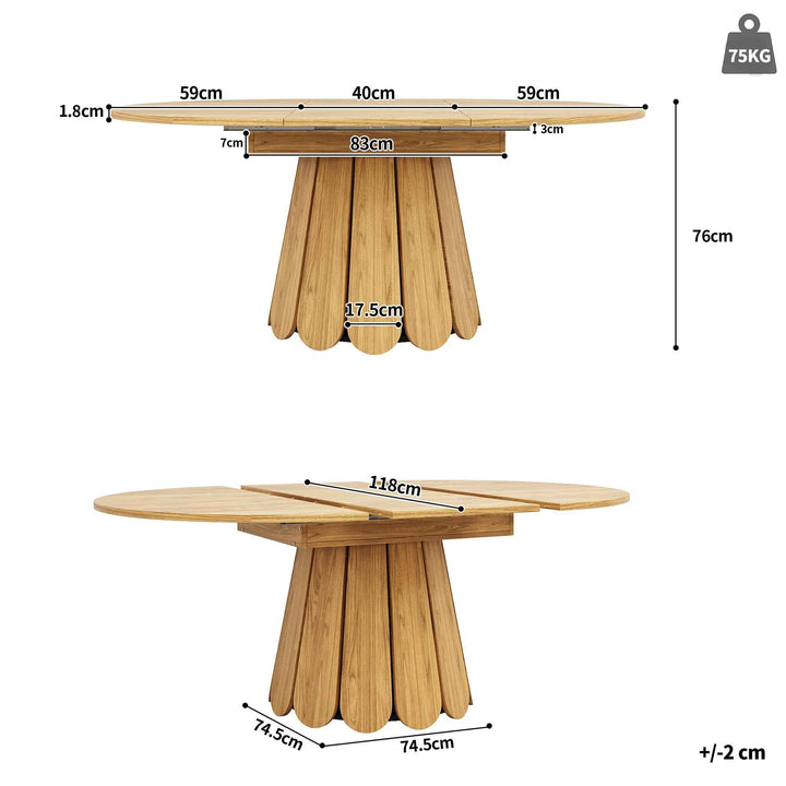 Extendable natural wooden look dining table round to oval 118–158cm INFINITEINFI