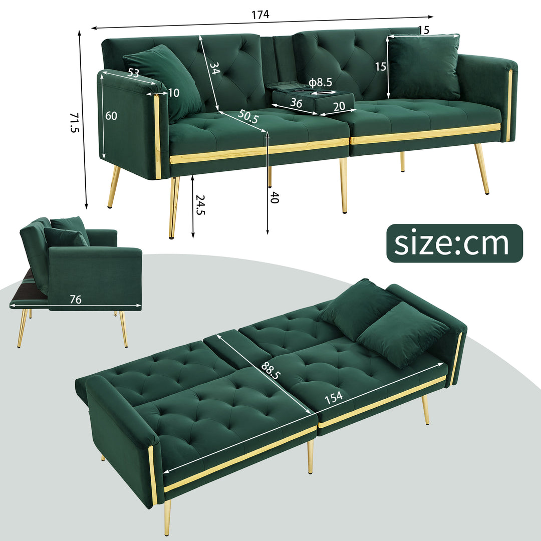Green tufted velvet 2-seater sofa bed with adjustable backrest and hidden cup holders golden accent HYDROPON