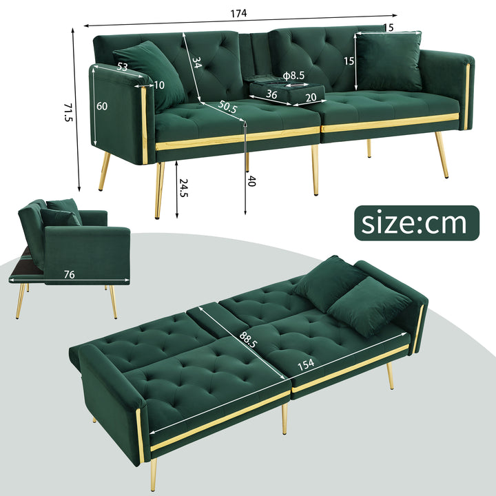 Green tufted velvet 2-seater sofa bed with adjustable backrest and hidden cup holders golden accent HYDROPON
