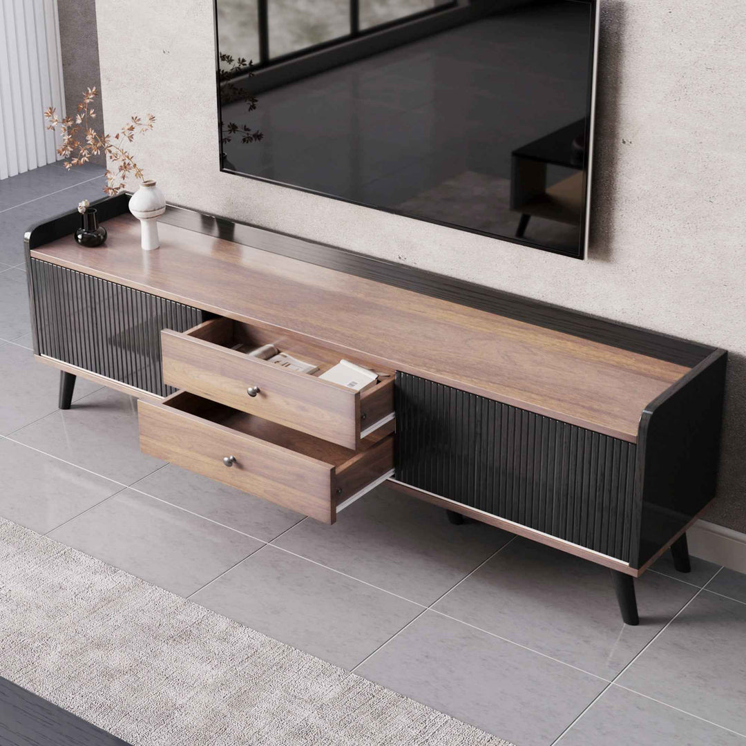 00+缺图 TV Stand 160 cm Black and Wood with 2 Sliding Doors and 2 Drawers for Living Room VANITYLINE