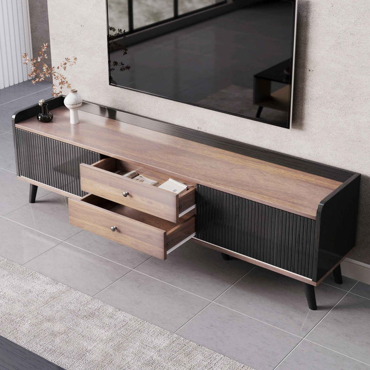 00+缺图 TV Stand 160 cm Black and Wood with 2 Sliding Doors and 2 Drawers for Living Room VANITYLINE