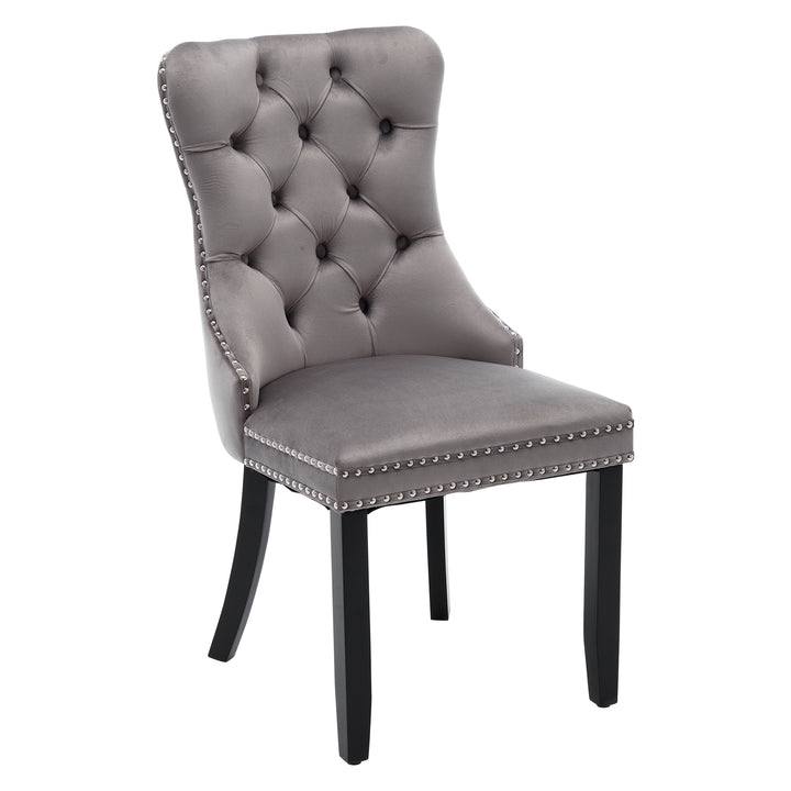 Set of 4 dining chairs velvet grey tufted with solid wood legs, nailheads and back chrome ring NOBLEE