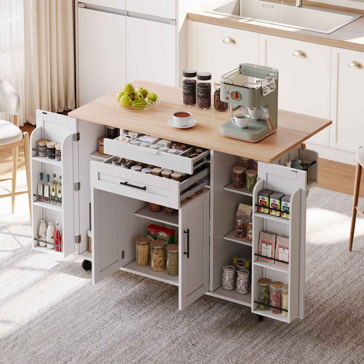 00+Kitchen Island on Wheels, White & Natural MDF, Foldable Tabletop, Adjustable Shelves, Storage Cabinets Rolling Trolley for Dining Room VERTEXZYR