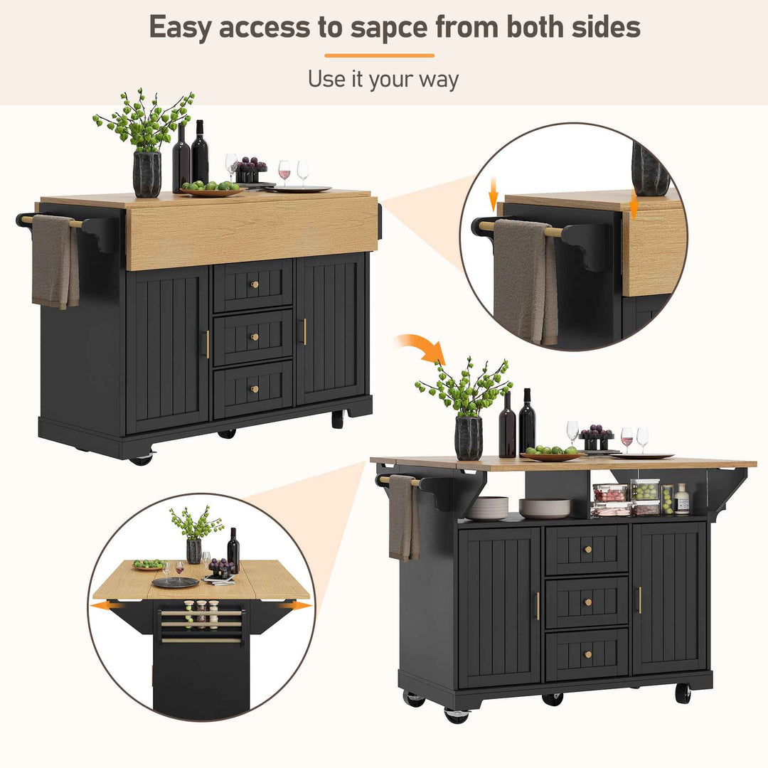 Extendable kitchen island trolley dining bar table wooden and black storage INFINITEMOME