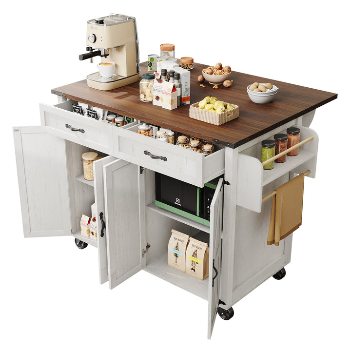 White farmhouse style rolling kitchen island with fold-out top and racks SALTMARSH