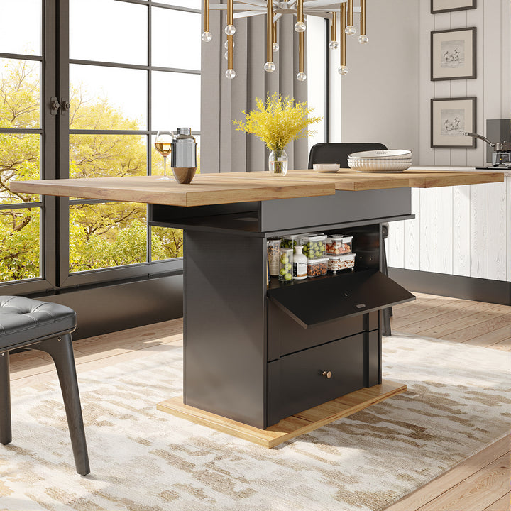 Extendable wooden dining table (110-140×80 cm) black shlef and 2 drawers SUNSPOT