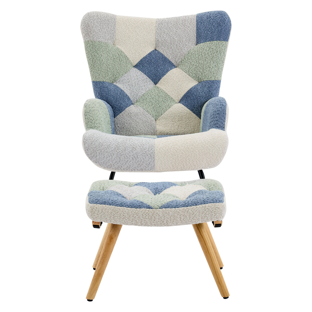 Fabric white blue patchwork rocking chair with solid wood legs and footstool MORASSSLOP