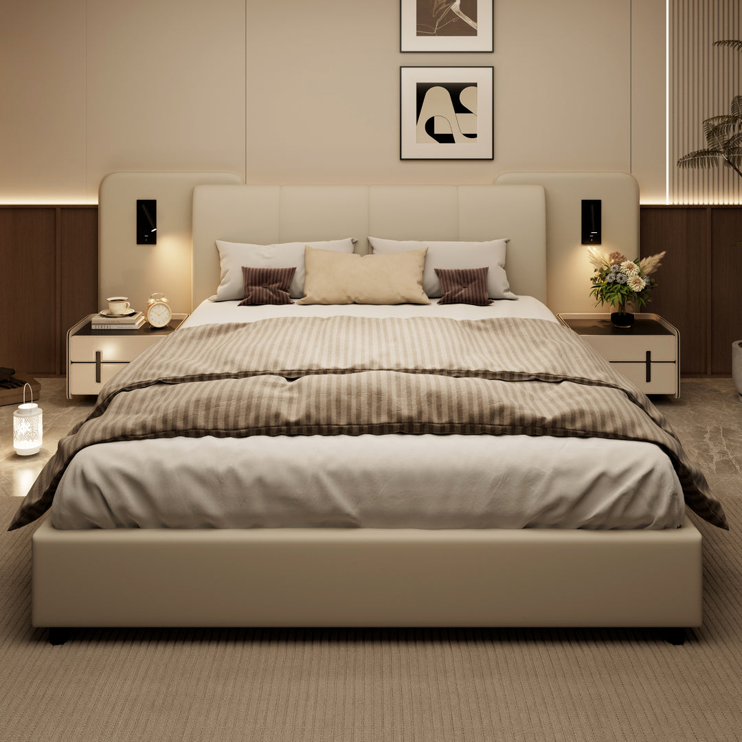 Beige upholstered divan double bed with side lamps and charging port 135x190cm UNITOS