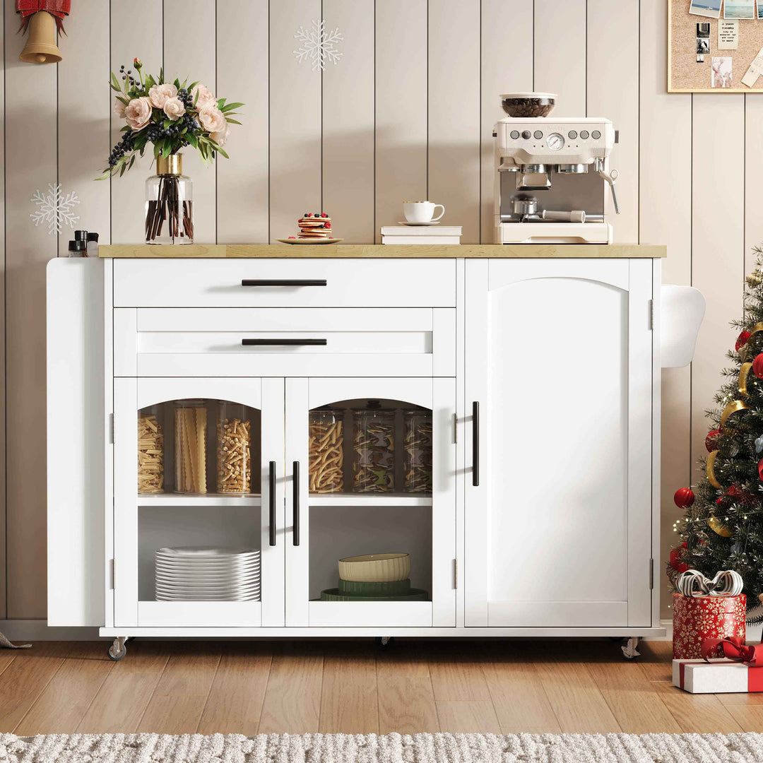 00+Mobile Kitchen Island Trolley White Foldable Worktop, 5 Wheels, Glass Doors, Storage Racks, Cutlery Drawer NOVAOR