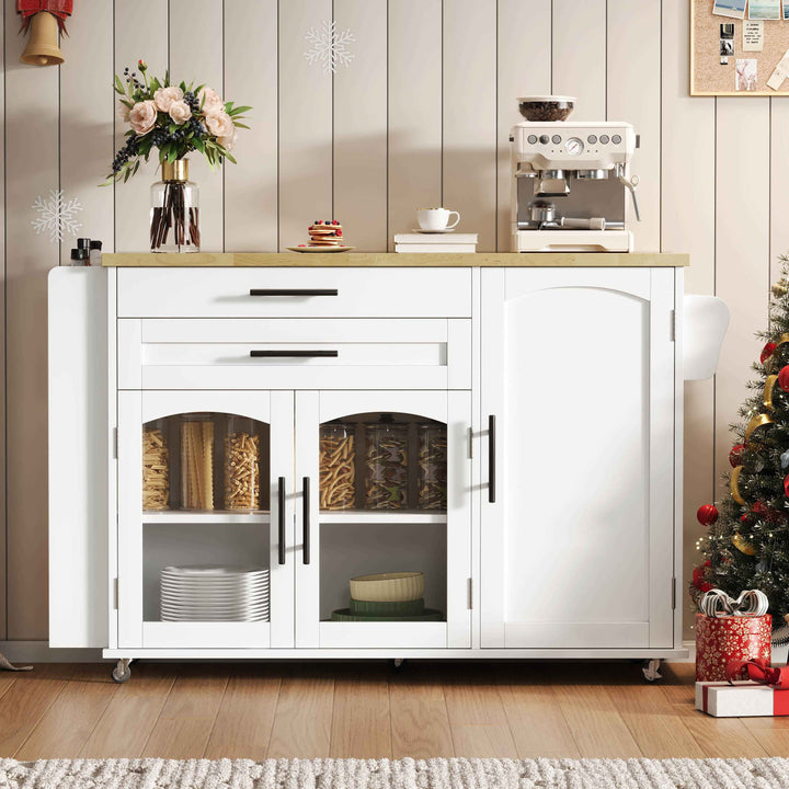 00+Mobile Kitchen Island Trolley White Foldable Worktop, 5 Wheels, Glass Doors, Storage Racks, Cutlery Drawer NOVAOR