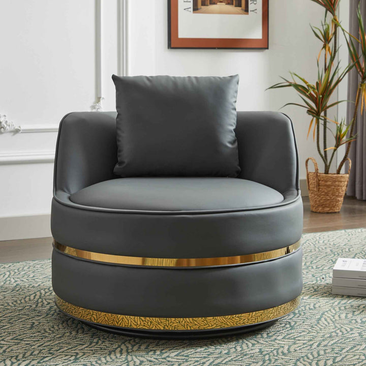 00+缺图 360°  Swivel Barrel Chair Grey PU Leather 78 cm Accent Chair for Living Room TRUNKGREEN